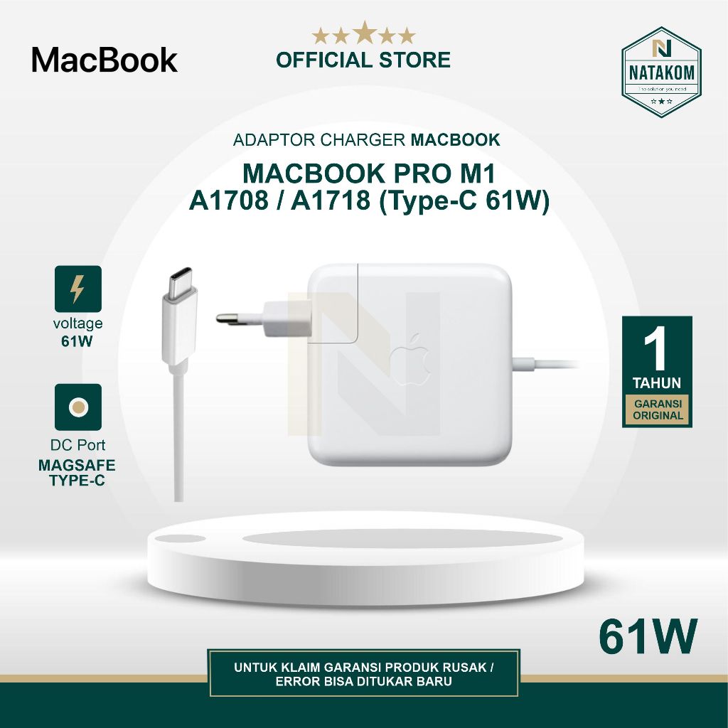 ADAPTOR CHARGER MACBOOK PRO-M1 M2 MS USB TYPE-C 61W A1708-A1718