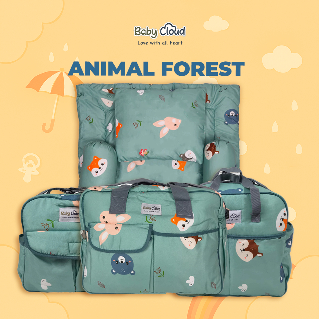 Baby Cloud Matras Set Newborn Bantal Guling Tas Bayi Animal Forest Series Ukuran Kecil Medium Besar