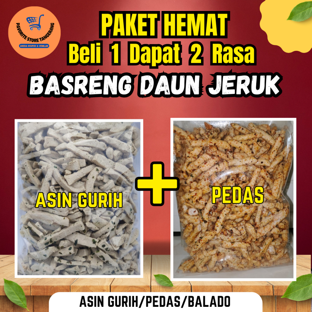 

(BELI 1 DAPAT 2 RASA) BASRENG DAUN JERUK PAKET HEMAT 3 RASA ASIN GURIH, PEDAS, BALADO/1KG 500GR / 250GR