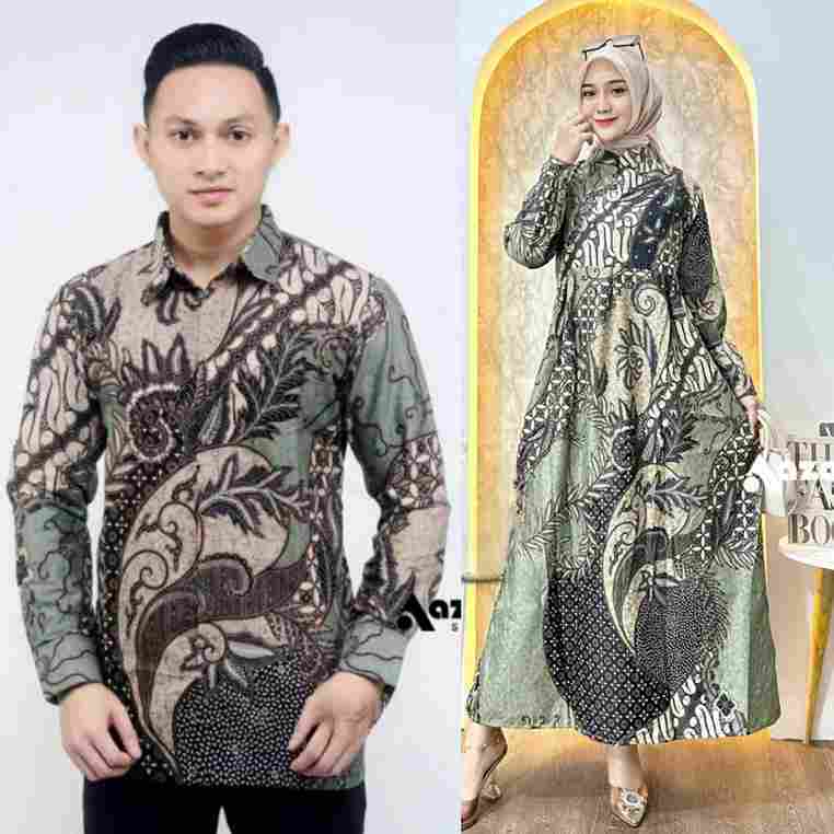 Set Couple Gamis Batik dan Kemeja Batik Pria Couple Pasangan Warna Hijau Sage Lengan Panjang Motif K