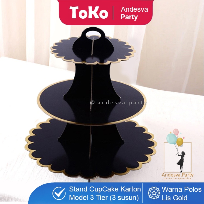 Cake Stand HITAM Polos List Gold / 3 Tier Cupcake Stand / standing cupcake polos / Tatakan cupcake