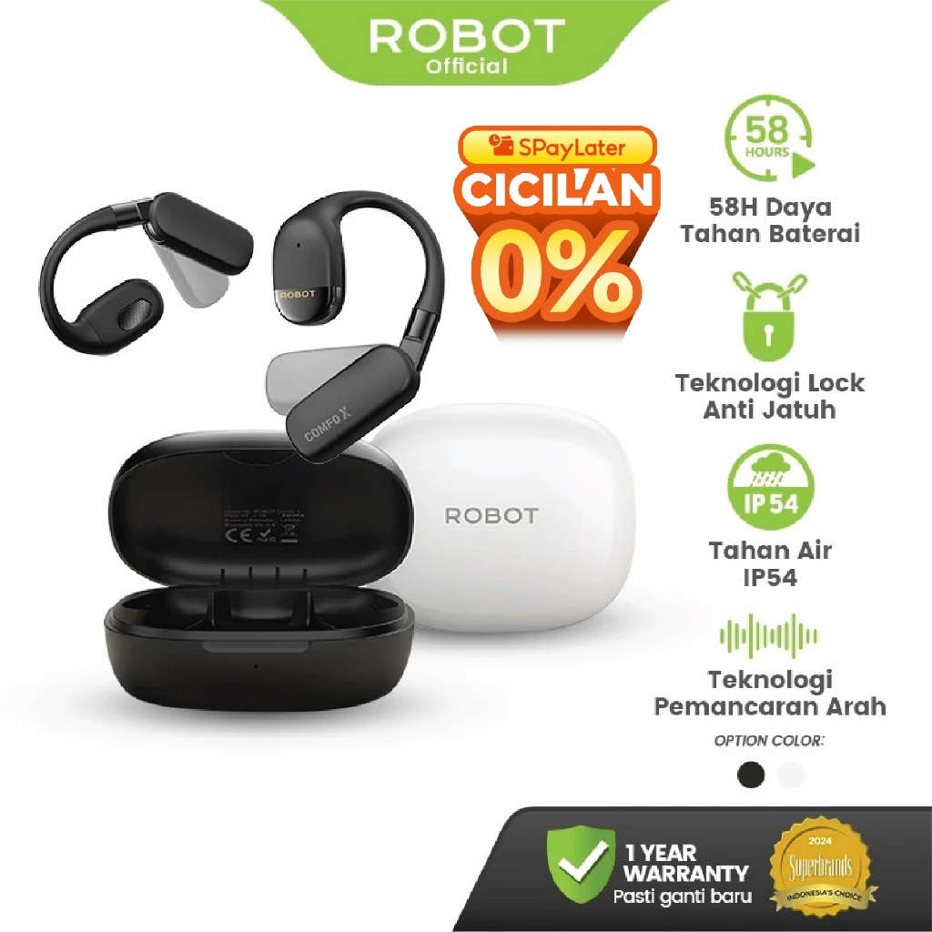 [SPL] ROBOT Earphone OWS Comfo X Earphone Bluetooth V5.4 | Teknologi Anti Jatuh & Lipat, Cocok Semua