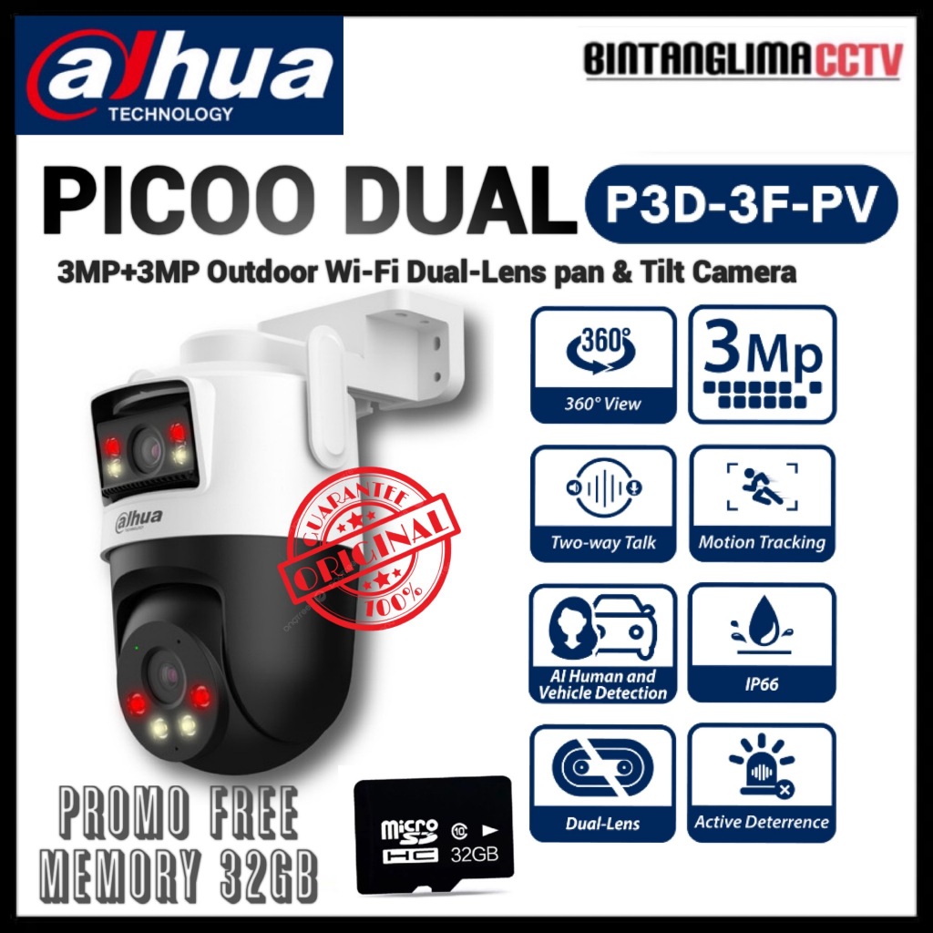 CCTV WIFI OUTDOOR ROTASI DUAL LENS DAHUA PICOO 3MP KAMERA CCTV PINTAR BERSUARA BERWARNA