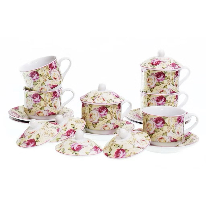 cangkir set keramik vicenza tutup motif mawar / melati ( YA85 )