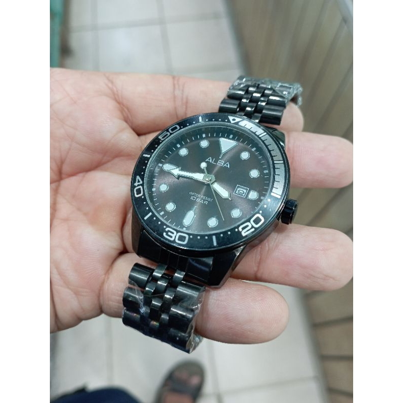 jam tangan pria Alba quartz all black stenlis steel