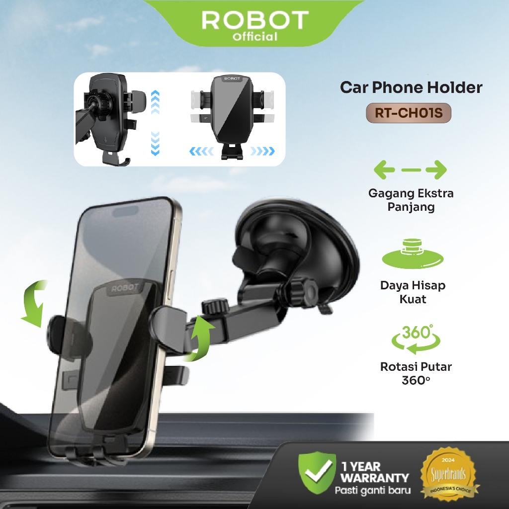 ROBOT Car Holder HP Mobil Suction Cup Besar 95mm Rotasi 360° One-Hand Clip 4–7 Inch RT-CH01S – Garan