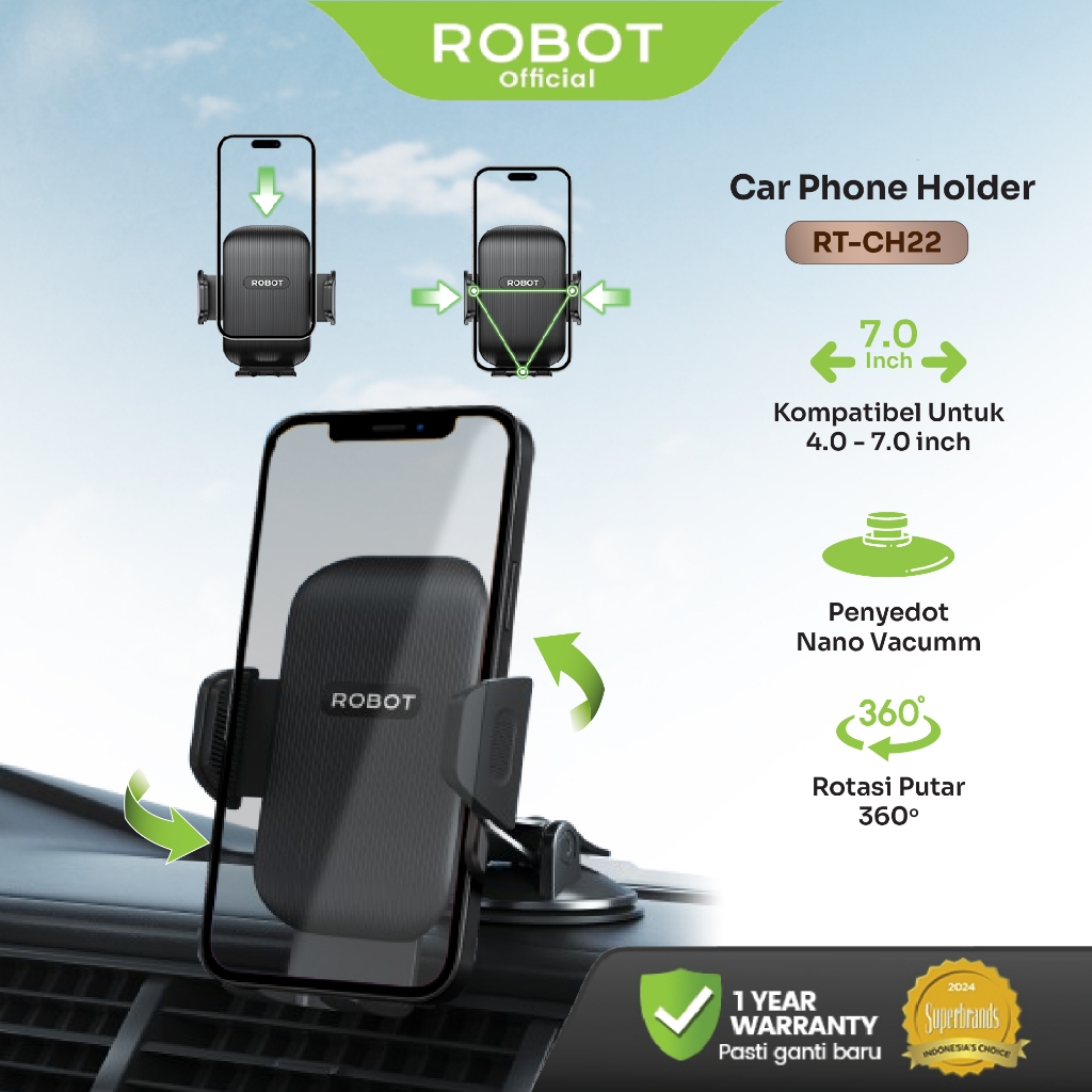 ROBOT Car Holder Black Rotatable For Smartphone Backseat Car Stand Holder RT-CH22 Original - Garansi