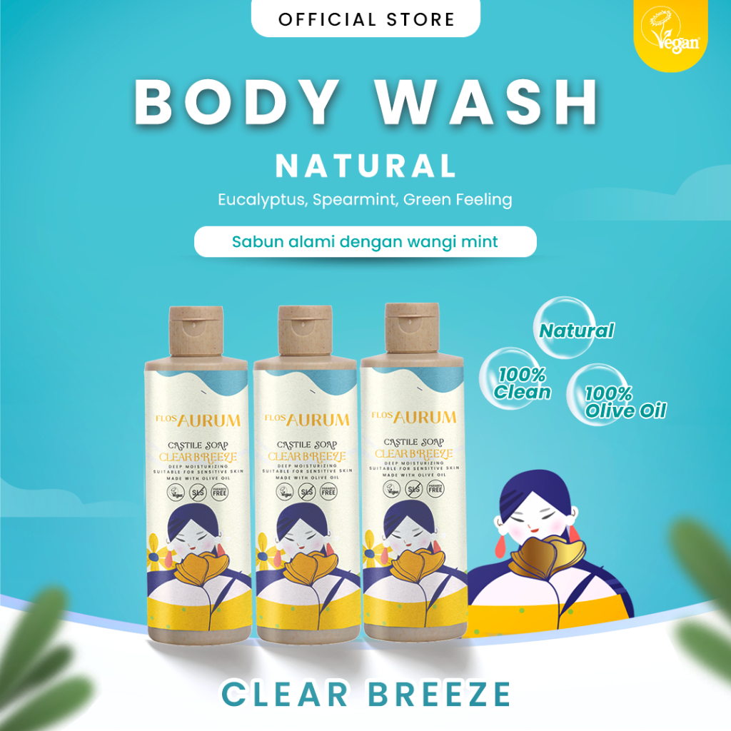 Flos Aurum - Sabun Mandi Vegan - Clear Breeze 250ml [Triple Bundling]