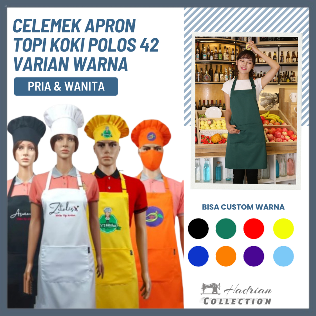 Celemek Apron Topi Koki polos 42 varian warna - Bisa Custom Bordir Logo dan Nama