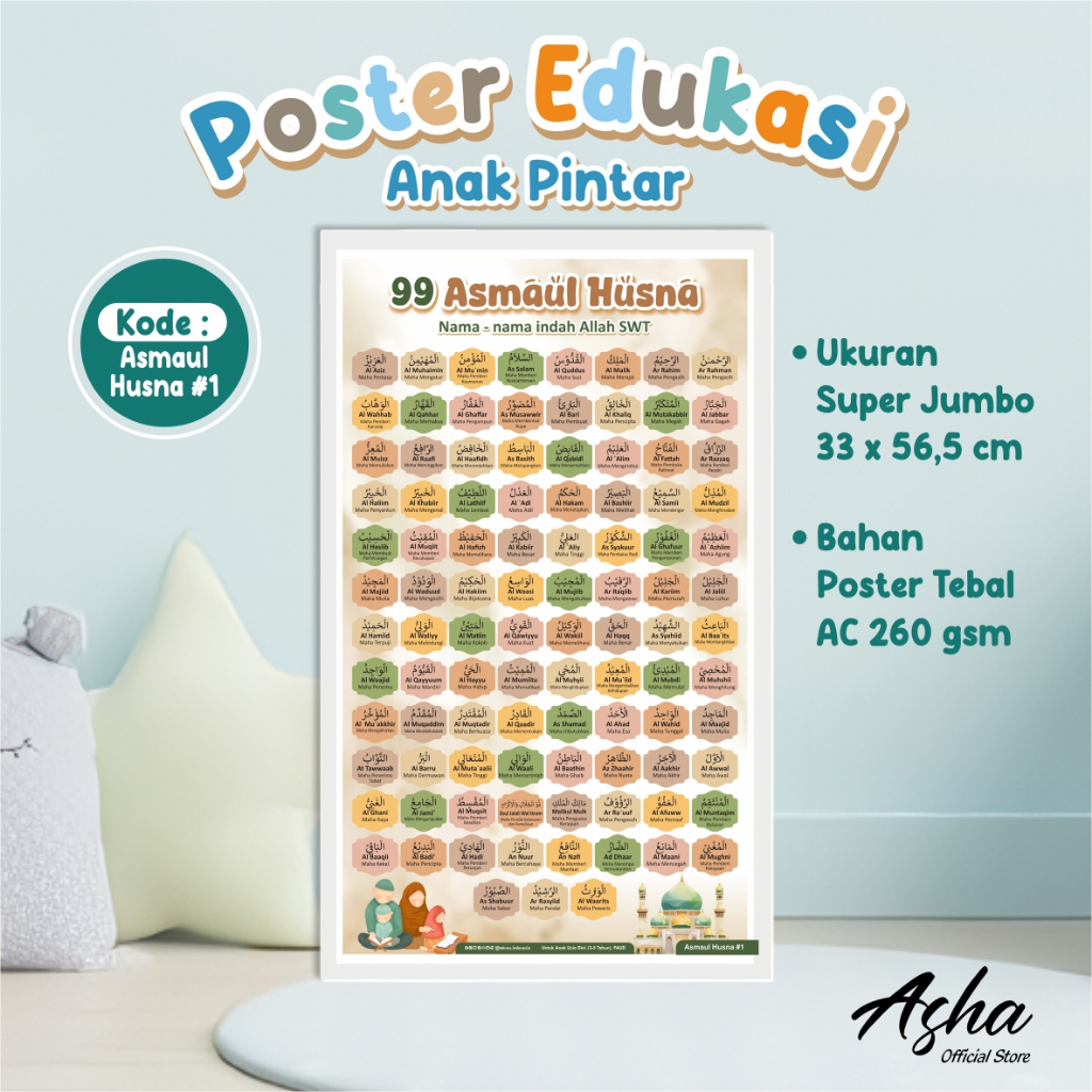 POSTER DINDING ANAK EDUKASI BELAJAR - POSTER GAMBAR BERWARNA TEMA ASMAUL HUSNA READY STOCK