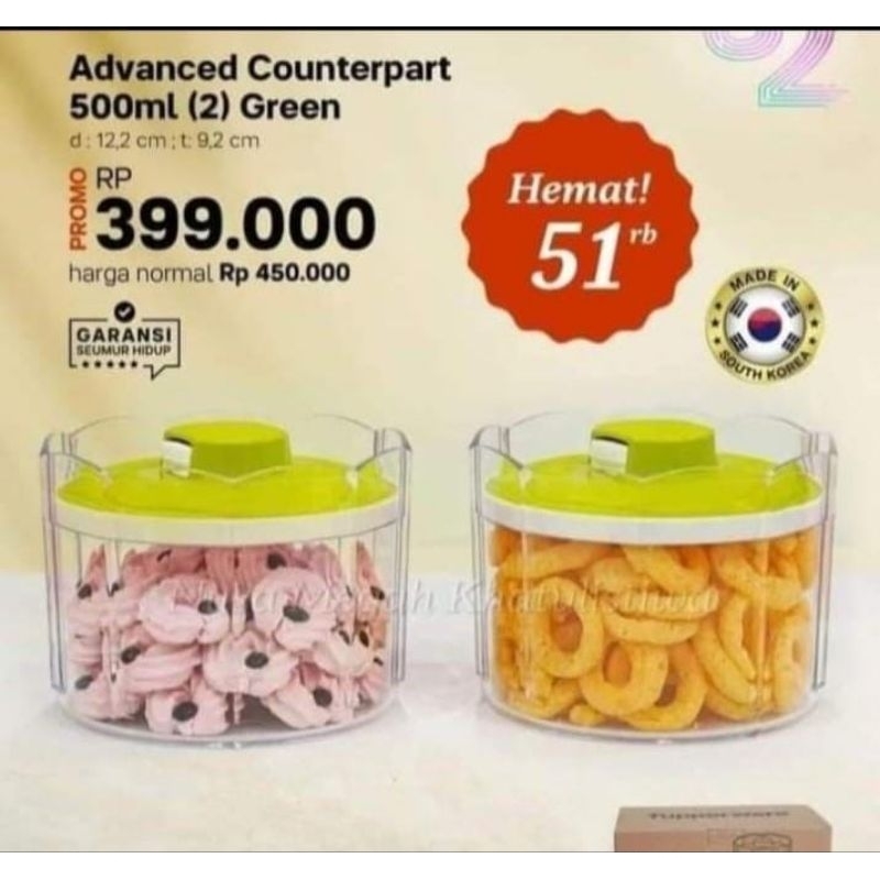 Promo toples kristal Tupperware Advanced Counterpart 500 ml Hijau 1 set