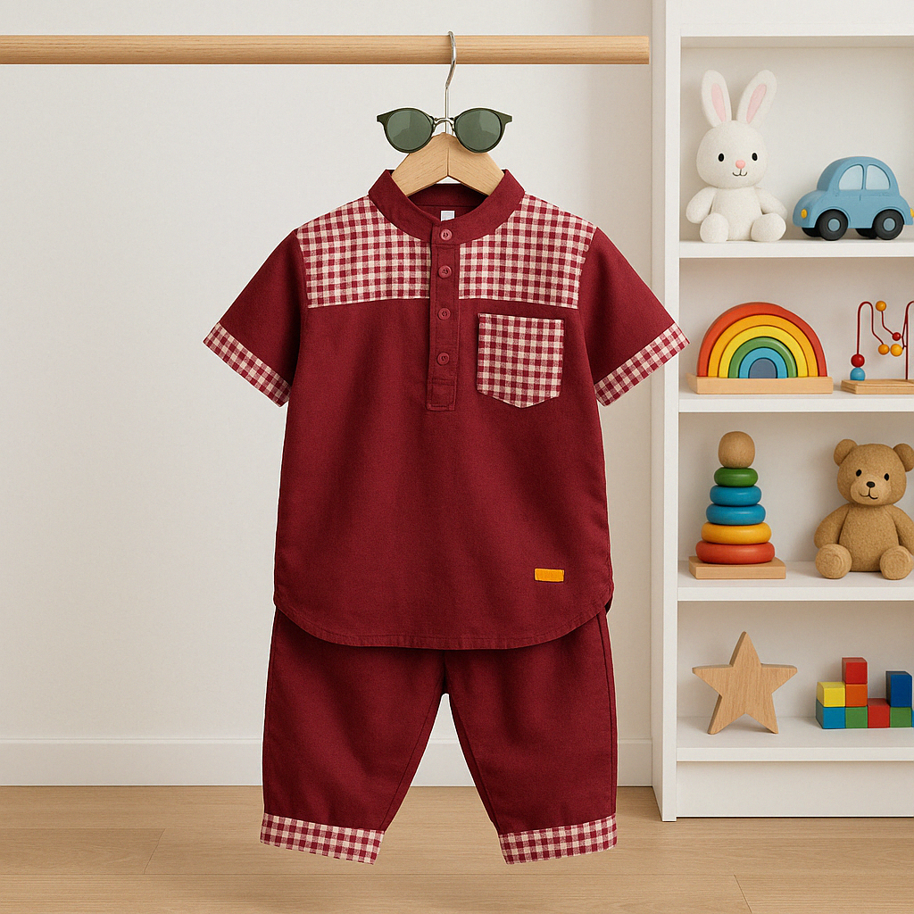 Koko anak laki laki Bahan Katun Lengan Pendek motif kotak-kotak