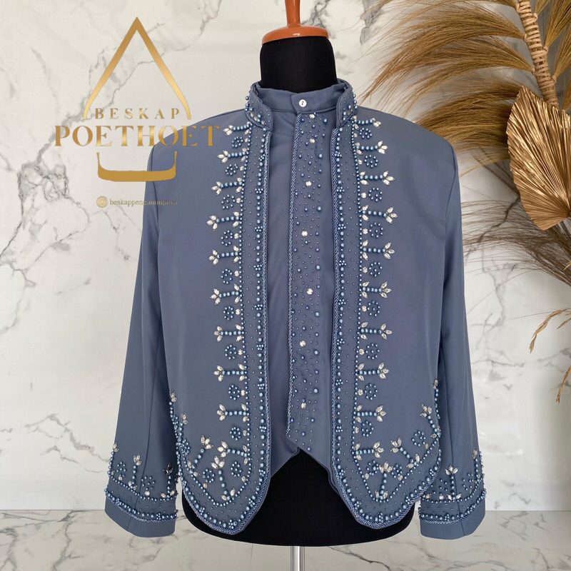 Beskap pengantin Jawa Solo hewes krowok biru denim blue bahan matte premium