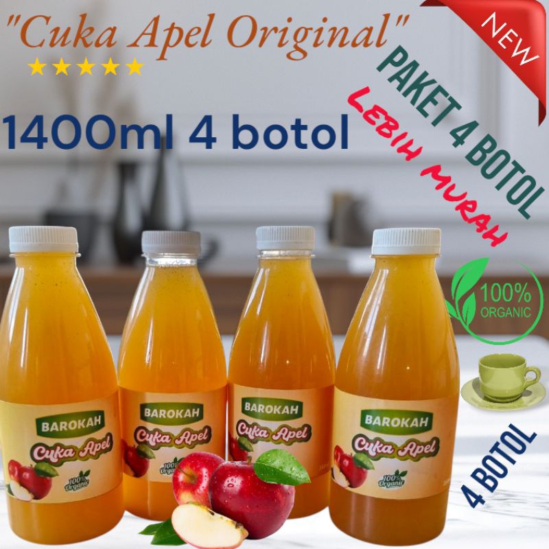 

Cuka Apel Asli Organik Sehat Alami 100% Terbaik Paket 4 Botol @ 350ml Per Kemasan