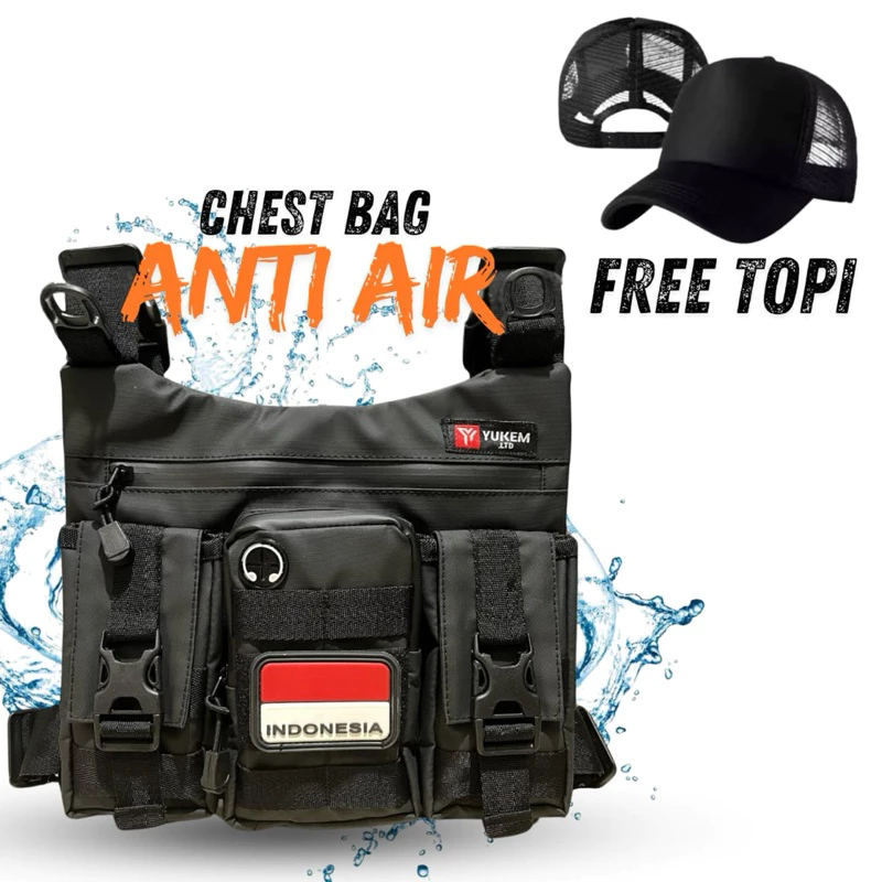 ChestBag Tas Dada Pria Anti Air Free Topi Free Emblem Tas Dada Saku Pocket Depan Tas Saku Black