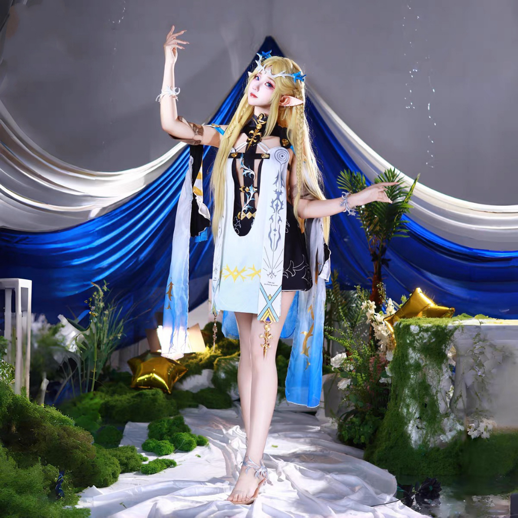 Anime Wuwa Cartethyia Cosplay Costume Dress Wuthering Waves 3DPrint Headwear Women Sexy Elf Wig Hall