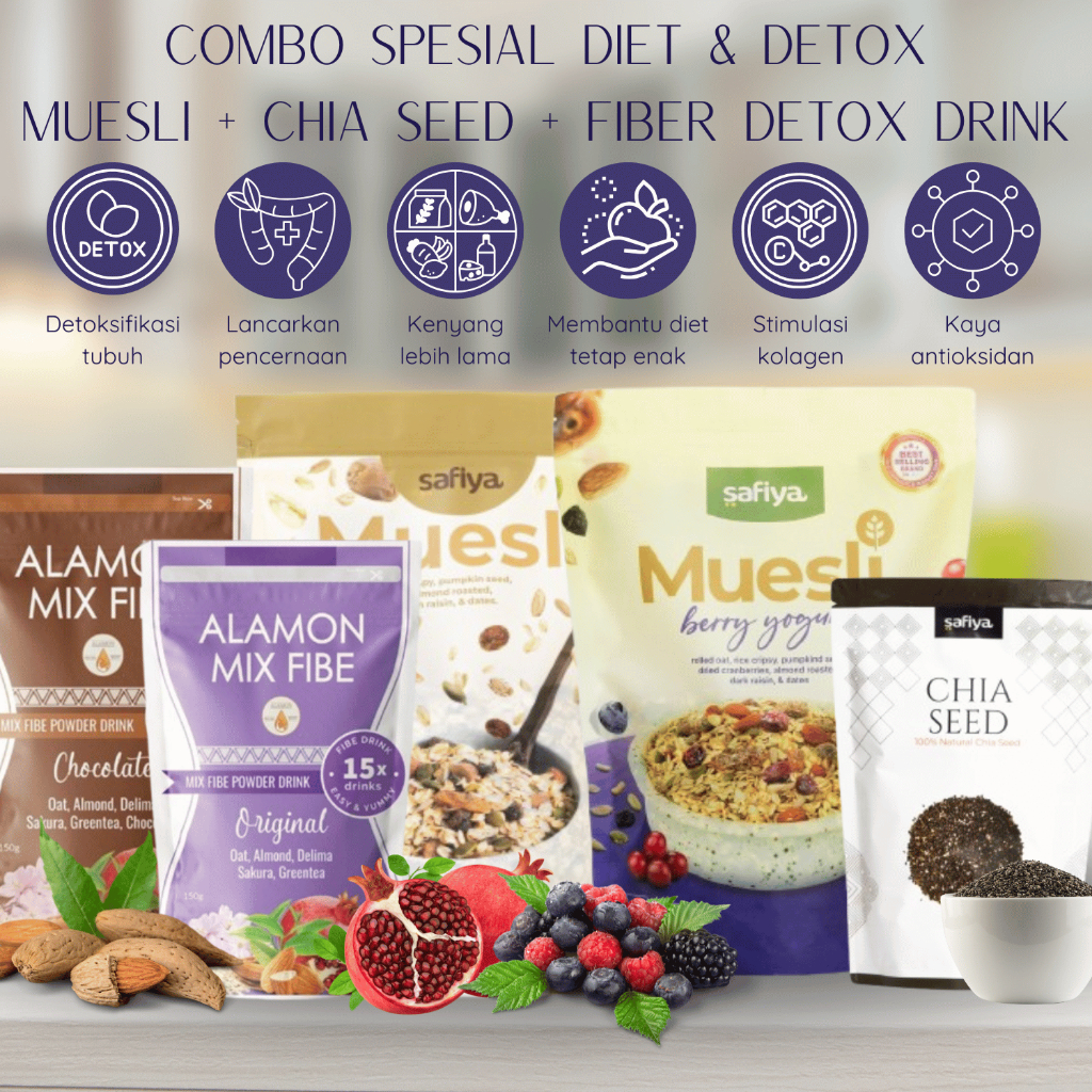 

KOMBO DIET SPESIAL | Muesli 500gr + Chiaseed 250gr + Mix FIBE 150gr - 3in1 Diet Tinggi Serat | Detox