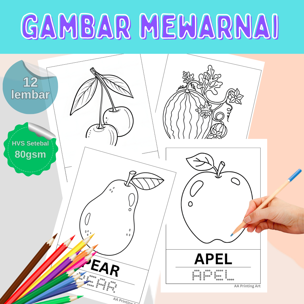Gambar mewarnai BUAH-BUAHAN untuk Anak-Anak Paud Tk SD / Sketsa gambar mewarnai buah