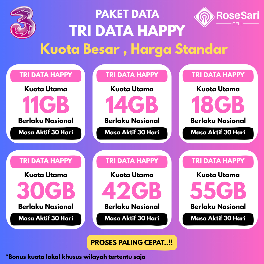 PAKET DATA TRI HAPPY & UNLIMITED AON BULANAN TERMURAH