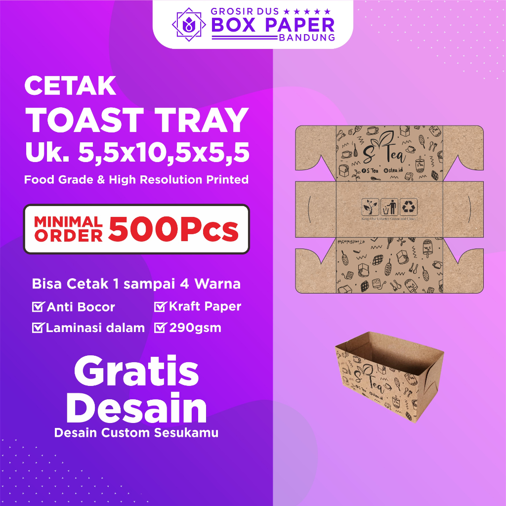 Custom Cetak Toast Tray Box Bread Take Away Paper Tray Dus Kemasan Roti Sandwich Panggang