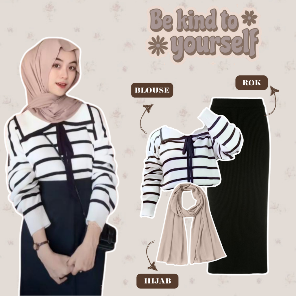 Outfit cewek satu set|Korean Style|outfit kampus (Blouse rajut, Rok span, Pashmina ceruty) -LU122