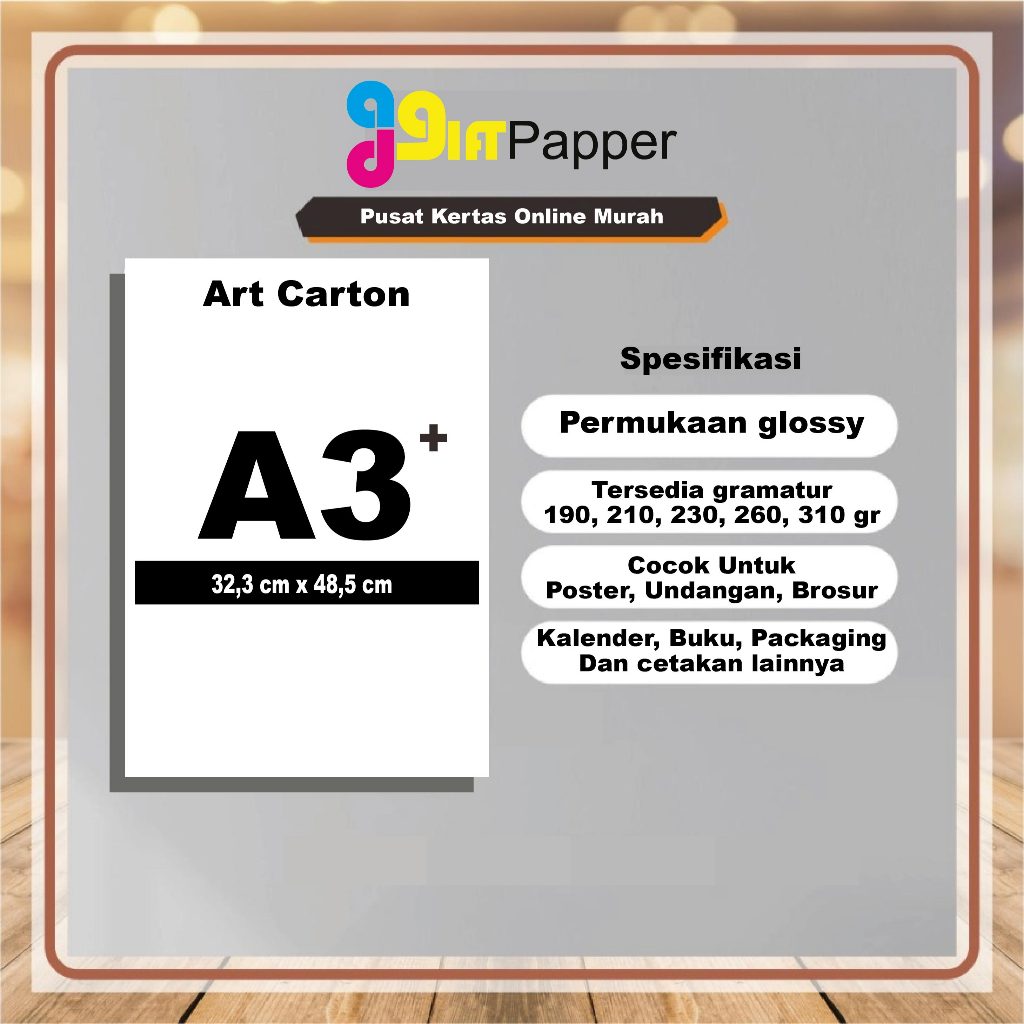 

Kertas Art Carton 190, 210, 230, 260, 310 Gsm Ukuran A3+ / 32,3 cm x 48,5 cm (100 Lembar) TERMURAH