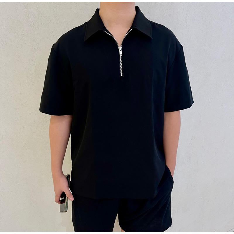 EKYS Kemeja Oversize Zipper Pria- Kemeja Pria Lengan Pendek