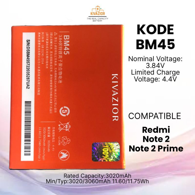 Baterai Redmi Note 2 / Prime / Original OEM / BM45 / batre bm45 / batere ori