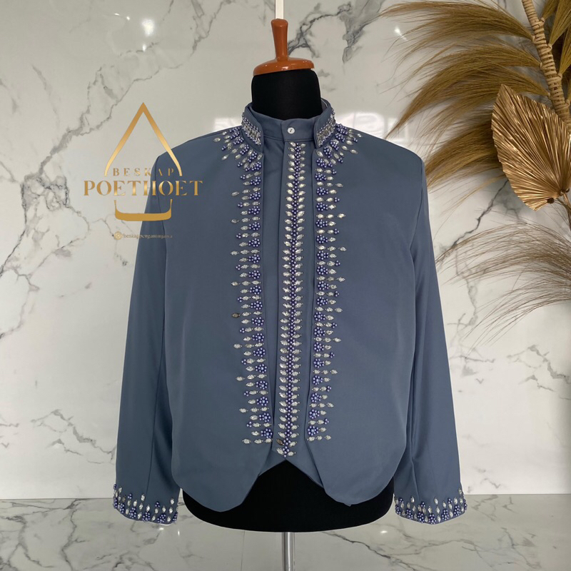 Beskap pengantin Jawa pria warna biru denim blue kain matte halus premium payet simple