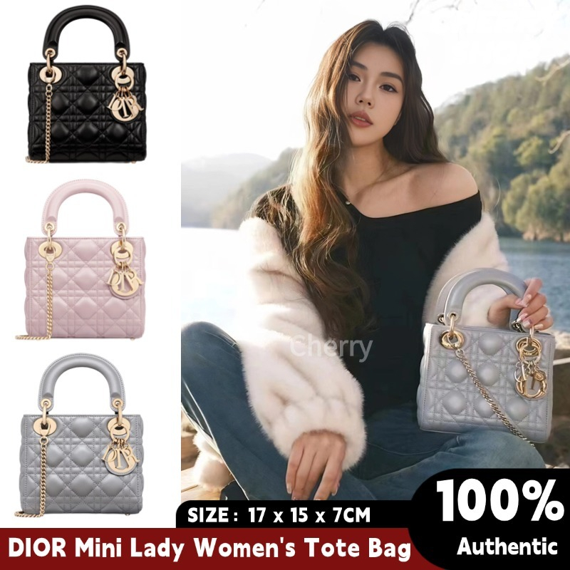 DIOR Mini Lady Dior Women's Lambskin Tote Bag Tas bahu rantai wanita