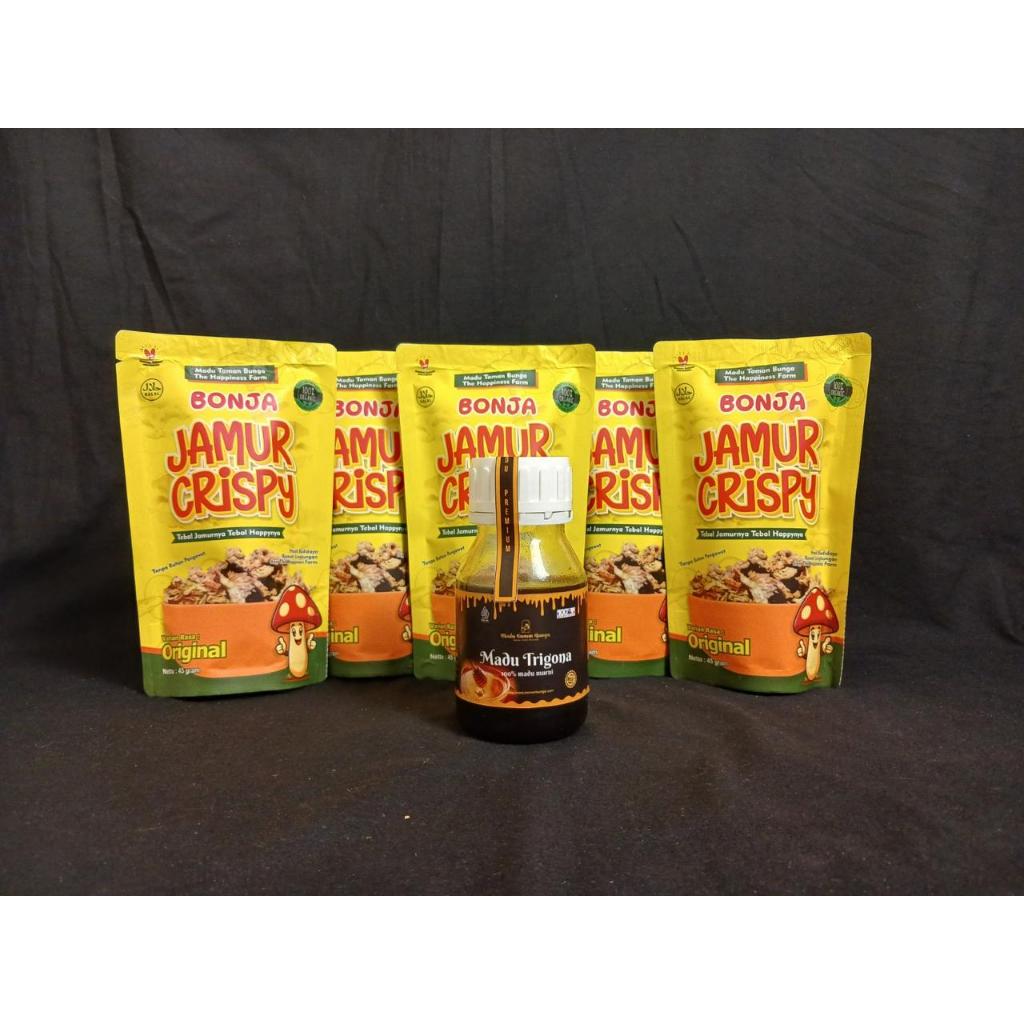 

Paket Madu Trigona 250ml dan 5 Jamur Crispy 45gr - Tanpa Pengawet dari Budidaya Sendiri - Madu Taman Bunga