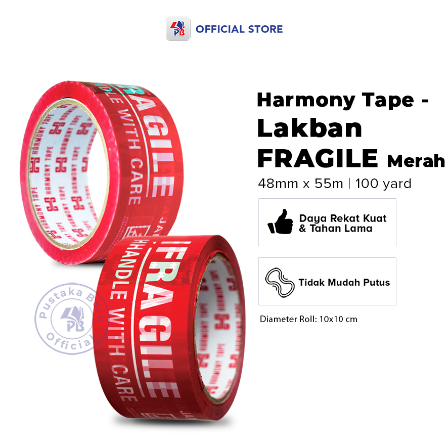 

Lakban Fragile Warna Merah / Harmony Tape - Lakban Fragile Merah Ukuran 48mm x 55m x 72 ( 100 Yard ) / PB NON BOOK - PBNB