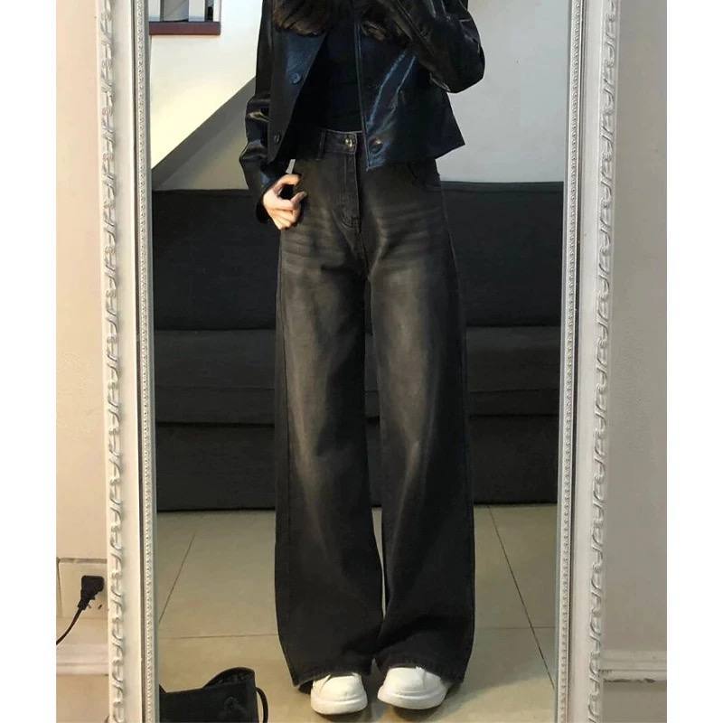 Celana Jeans Lurus Longgar Kelabu hitam Wanita highwaist kulot jeans wanita korean style Celana panj