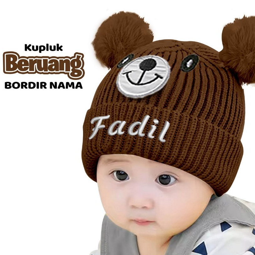 Topi Bordir Nama Kupluk Anak Bayi Pompom Beruang / Topi Bayi