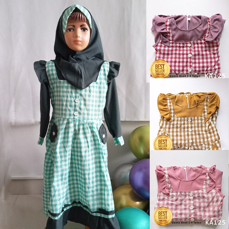 Setelan Gamis Muslim Baju Anak Perempuan 3 4 Tahun Vintage Motif Kotak kotak Princess Ulang Tahun Ng