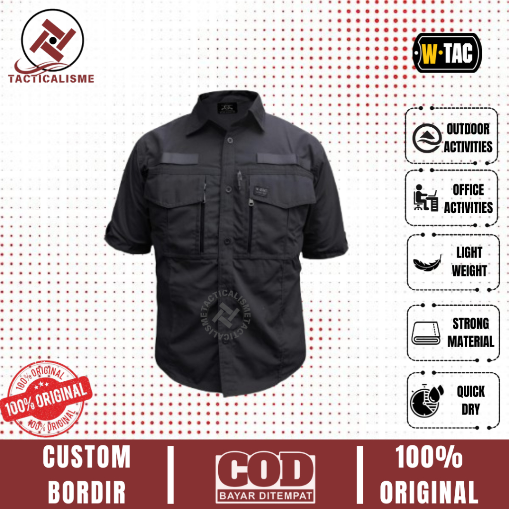 Kemeja Tactical W-TAC Hitam ORIGINAL Lengan Pendek Baju Kantor Reskrim Paspampres Outdoor Activities