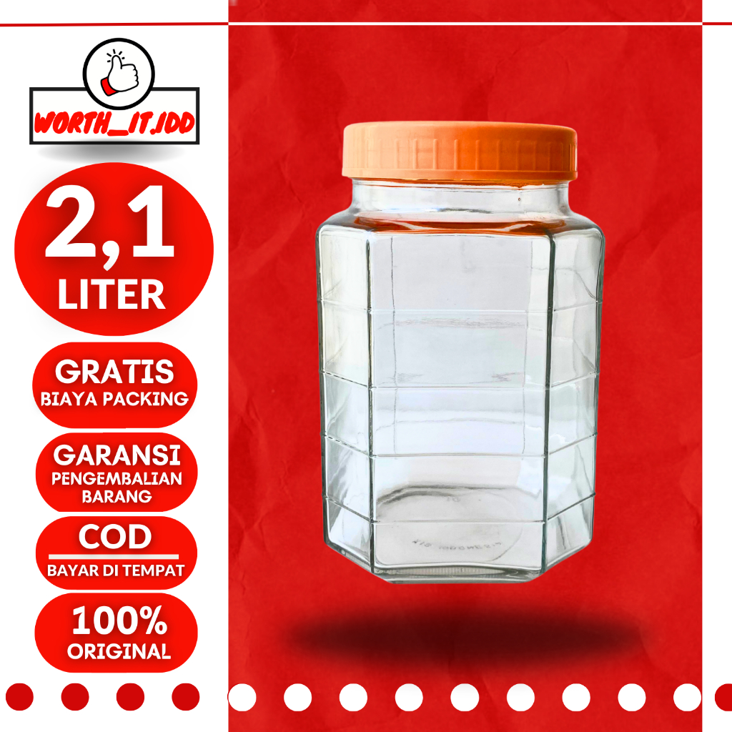 TOPLES KACA KEDAP UDARA 2,1 LITER TUTUP WARNA TOPLES BOTOL JAR TEMPAT WADAH PENYIMPANAN KEDAP UDARA 