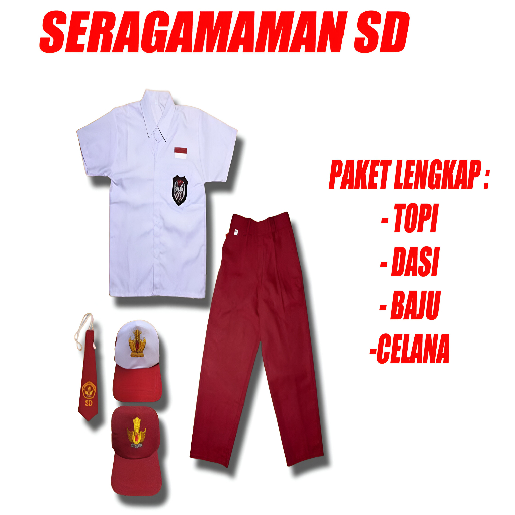 SERAGAMAN LENGKAP MERAH PUTIH SD ANAK LAKI-LAKI / CELANA PANJANG MERAH ANAK SD PINGGANG KARET / BAJU