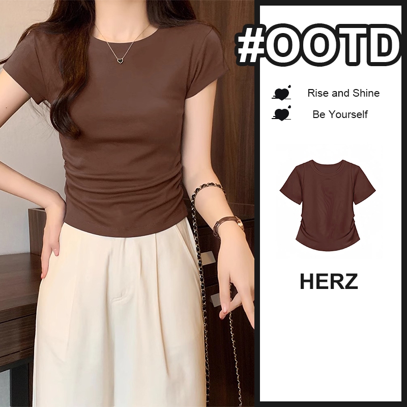 brown Kaos warna solid yang ketat untuk wanita leher bulat/baju polos coklat  2025/kaos crop top cew