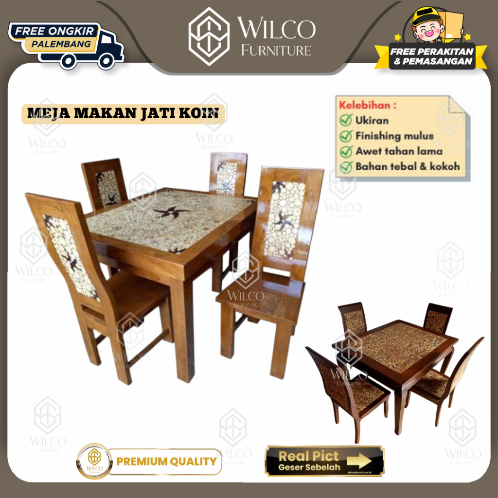 Meja Makan Jati Kelereng KOIN 4 Kursi / Meja Makan Jati Minimalis /Meja Makan Jati Murah Palembang