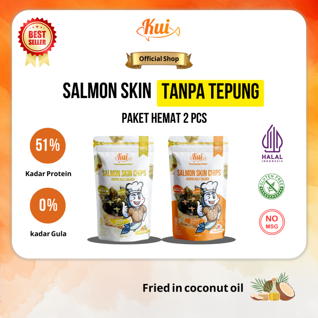 

KUI Salmon Skin No Msg / MPASI Keripik Kulit Ikan Salmon Tanpa Tepung 2 pcs / Original & Telur Asin