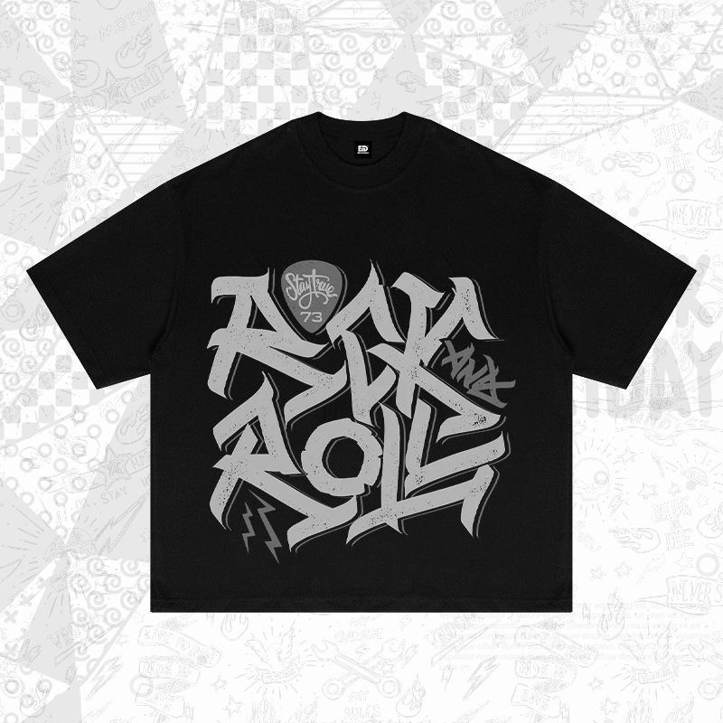 Kaos Hitam "MOTOR ROCK" - Desain Grafiti Urban dengan Teks Bold & Simbol Musik Streetwear Trendy