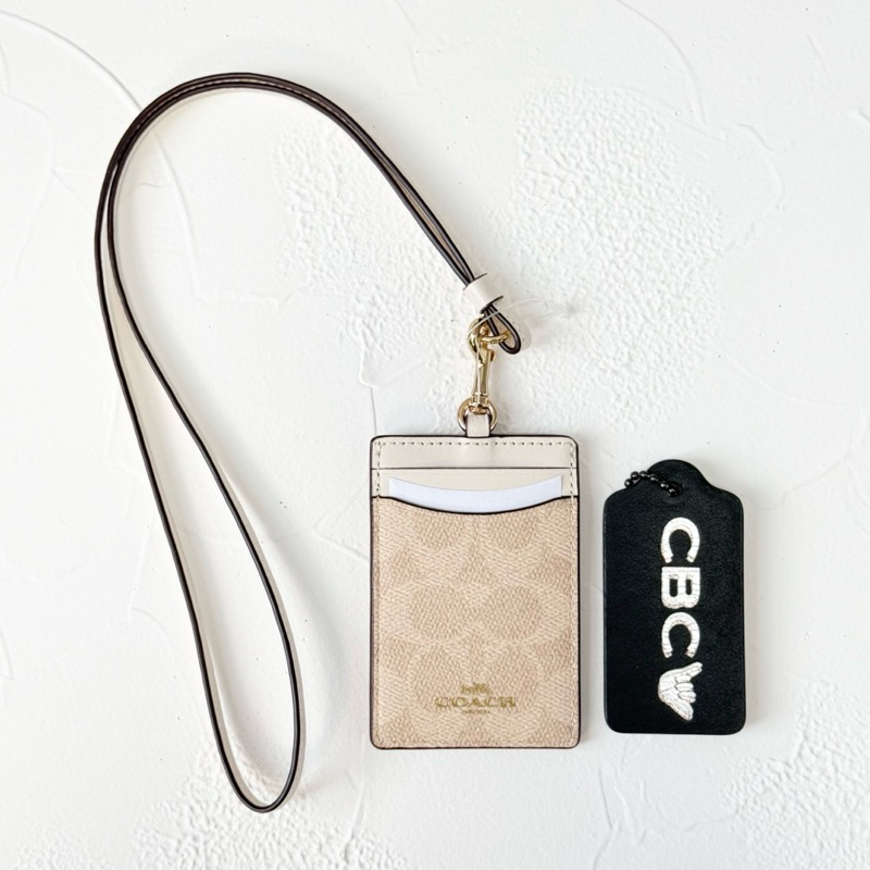 

(READY) Coach ID Lanyard Signature Canvas Card Case Holder Sand Chalk New Gen