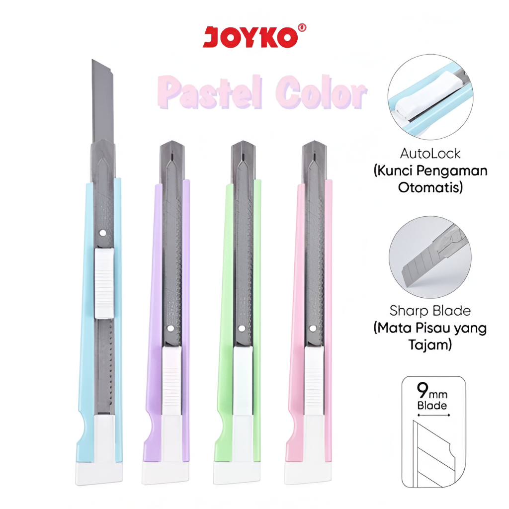 

Cutter Pemotong Joyko A-300A Pastel Color Kecil Pisau Tajam Kuat Auto Lock - Pisau Potong Kertas 9mm