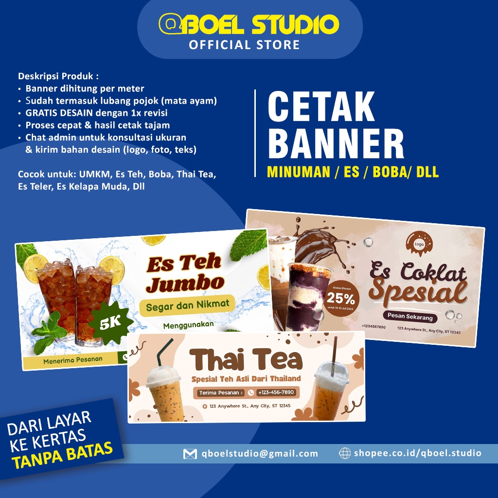 Banner/Spanduk Untuk Usaha/UMKM/Minuman/Es Teh/Boba/Kelapa Muda/Dll Desain dan Ukuran Custom