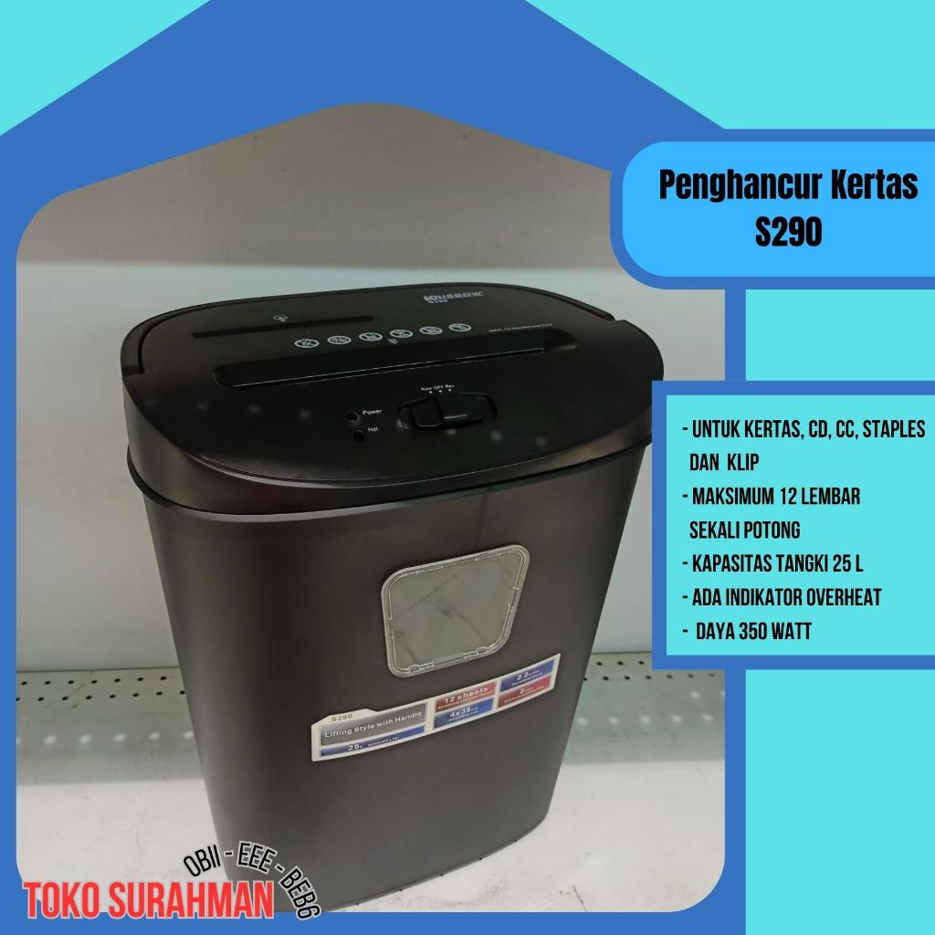 Pemotong Kertas Krisbow S290 – Crosscut 12 Lembar, Hancurkan CD, Klip & Steples | Kapasitas 25L, Ant