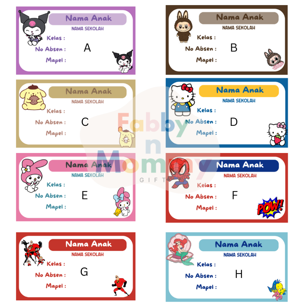 [FABBNMOMMY.GIFT] - LABEL NAMA BUKU ISI 20 PCS/ LABEL NAMA CUSTOM/ LABEL BUKU ANAK/ LABEL NAMA BUKU 