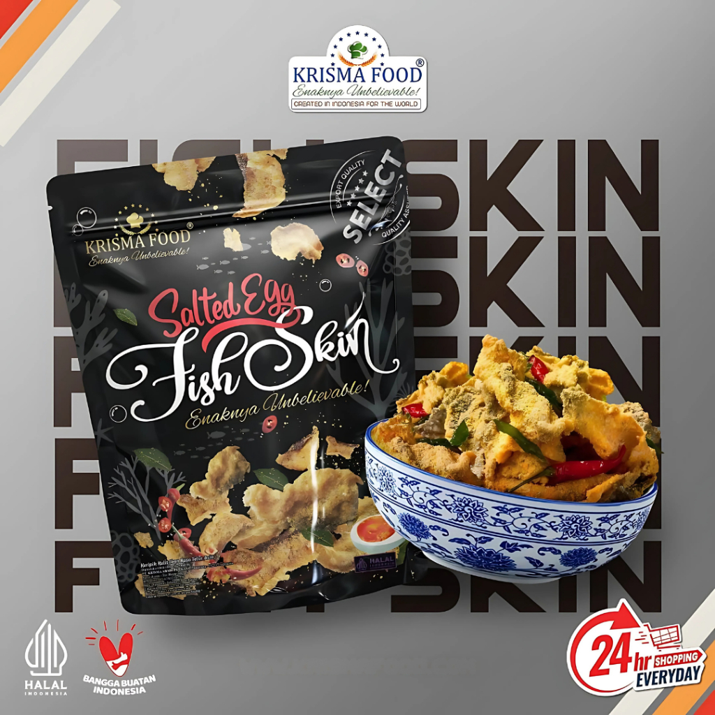 

Keripik Kulit Ikan Patin Crispy Telur Asin Salted Egg Fish Merk Krisma food ukuran 100gr