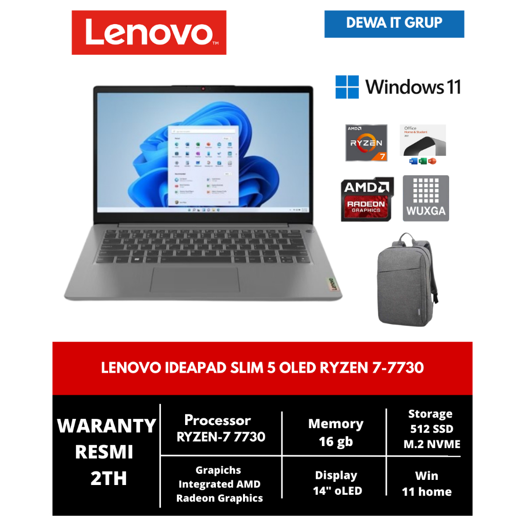 LENOVO IDEAPAD SLIM 5 OLED RYZEN 7-7730 16GB 512GB W11 14" WUXGA+ADP