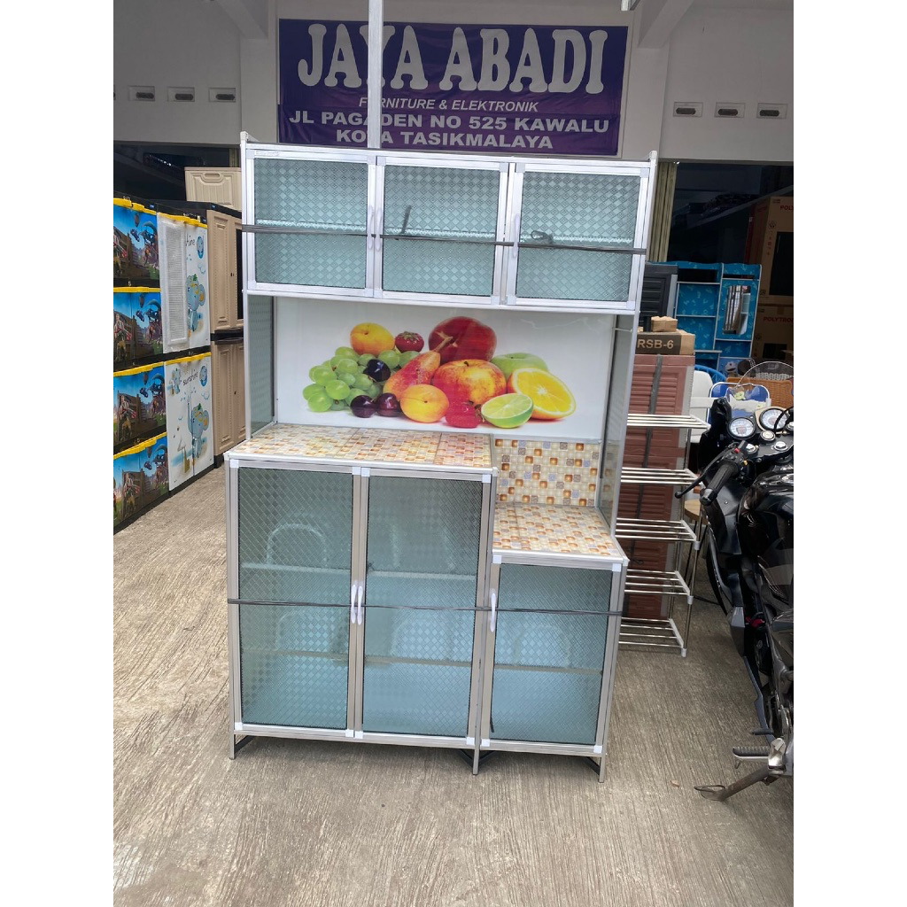 Lemari Dapur Aluminium Kaca Motif Buah – Rak Serbaguna Anti Rayap & Anti Karat